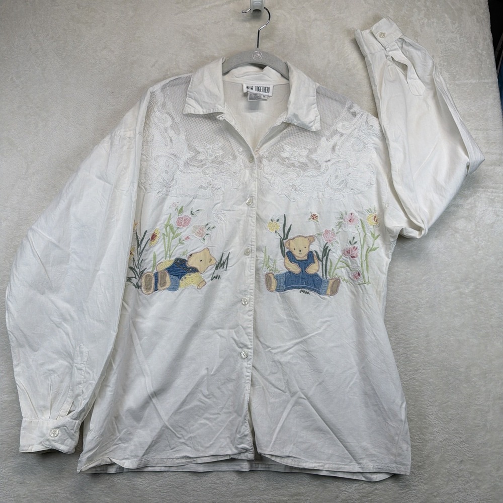 Vintage Together Teddy Bear Shirt Womens M Embroidered Floral Lace Cottagecore